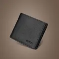 Monedero Hombre Piel Negra Bifold, Textura Grabada Diseño Minimalista Fino Modelo Variante - Horizontal Grueso / Negro