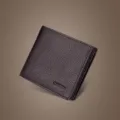 Cartera corta de hombre de cuero genuino, billetera suave de piel de vacuno marron oscuro. - Horizontal Grueso / Café