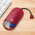 Astuccio per chiavi in pelle rossa, custodia portatile in vera pelle con cordino. - Con coperchio / Borgogna