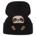 Berretto in maglia ricamato con bradipo carino per inverno, cappello caldo esterno adulti - Elastico 55-61cm / Nero Bradipo A