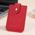 Tarjetero de cuero auténtico rojo, mini billetera ultrafina compacta con cierre de botón. - Rojo