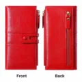 Cartera de mujer larga roja con múltiples ranuras para tarjetas y bolsillo con cremallera. - Rojo