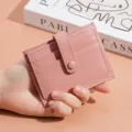 Elegante tarjetero de cuero rosa para mujer, cartera minimalista delgada con varios compartimentos. - Rosa