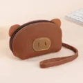 Monedero de cuero marrón con diseño de cerdito tierno, mini cartera de mano con correa y cremallera. - Marrón