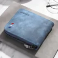 Cartera corta de hombre vintage con cremallera tarjetero cuero azul monedero compacto. - Azul marino