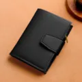 Monedero corto negro para mujer, cartera plegable de piel sintética PU con cremallera y botón. - Negro