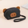 Cute mini black pig coin purse with wrist strap, genuine leather cartoon key pouch for women. - Black