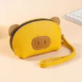 Cute yellow pig leather coin purse, mini wallet with wrist strap and zipper closure. - Yellow
