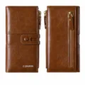 Brown long women's wallet with multiple card slots, zipper coin pocket and snap closure design. - Brown