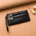 Mujer Negro Largo Suave Cuero Multi Cremallera Monedero Cartera con Correa de Muñeca - Negro