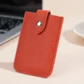 Compact orange leather card holder with snap button, minimalist slim wallet for women. - Orange