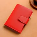 Red PU leather short tri-fold wallet for women with card slots, zipper and snap buckle. - Red