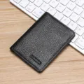 Tarjetero de cuero genuino billetera negra minimalista estuche delgado para tarjetas credito - Negro