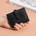 Black leather cardholder minimalist slim multi-card wallet with button closure for daily use - Black