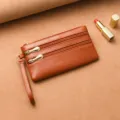 Portafoglio donna lungo in pelle morbida multi zip pochette da polso marrone casual - Marrone