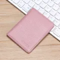 Porte-cartes en cuir rose compact avec motif litchi, étui ultra-fin à fentes multiples. - Rose
