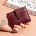 Genuine leather card holder minimalist slim credit card case mini wallet for women. - Burgundy