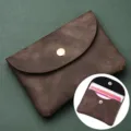 Dark brown soft leather coin purse, mini envelope card holder with gold snap button, daily use. - Single Layer / Coffee