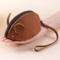Brown leather mouse coin purse, cute cartoon mini handheld zipper wallet for keys and coins. - Brown