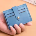 Blue leather card holder for women and men, slim mini wallet with multiple slots and button. - Blue