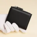 Monedero corto negro de piel auténtica con cremallera, tarjetero compacto para diario. - Negro