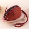 Red leather mouse coin purse cute mini zipper pouch with wrist strap for women girls key bag - Burgundy
