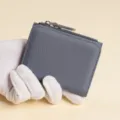 Elegante Cartera corta de cuero genuino gris con cremallera monedero para mujer y hombre - Azul