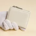 White leather short wallet coin purse minimalist card holder with zipper closure - White