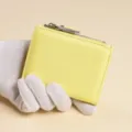 Yellow genuine leather short wallet zipper coin purse card holder for women and men compact design - Yellow