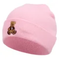 Cute pink knit beanie for winter, featuring an adorable embroidered brown bear with letter B. - Pink