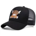 Cappellino trucker nero con ricamo di dolce mucca scozzese, rete traspirante, stile casual. - Regolabile 55-59cm / Nuovo Yak Nero