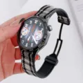 Detailed view of tweed silicone hybrid watch strap highlighting the folding magnetic clasp. - 18mm / Black and White