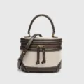 Borsa vanity retrò in tela e pelle, elegante borsa a tracolla marrone a scatola con manico. - 17.5*9*13 / Tela con Caffè