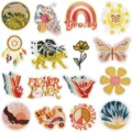 Boho aesthetic embroidered patches set, retro sun rainbow flower iron-on badges for clothing. - 16 Style Set Combination (W3HD-179-YT) / 16 Pieces