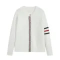 Women white knitted cardigan with striped placket and sleeve design, casual sweater. - S / White