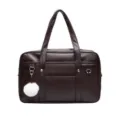 Bolso de hombro de uniforme JK japonés de cuero PU marrón oscuro para mujer, casual. - Marrón Con Pompon Y Correa