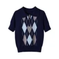 Detailed view of the dark blue argyle knit top, featuring short sleeves and half-zipper collar. - S / Printed