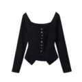 Black knit top detail featuring unique ruched front design and asymmetrical metallic buttons. - S / Black