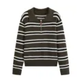 Maglione a righe con colletto polo e mezza zip, top casual slim da donna elegante. - Taglia S / Strisce Caffè