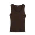 Detailed view of the dark brown ribbed sleeveless tank top, U-neck design, slim fit. - S / Brown