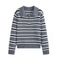Maglione in maglia da donna con collo a polo e zip, top casual a maniche lunghe a righe. - Taglia S / Righe Grigio Chiaro