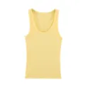 Close-up view of the ribbed knit texture and U-neck design on the yellow sleeveless tank top. - Yellow
