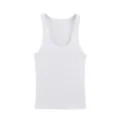 Close-up of the white ribbed knit fabric, showing texture, u-neck and sleeveless details. - White