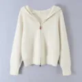Women's Casual Ribbed Knit Zip-Up Hooded Cardigan Solid Color Long Sleeve Outwear - S / Beige