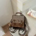Petit sac à dos à carreaux marron et suédine, cartable style collège japonais JK élégant. - Brun Sans Pendentif
