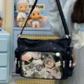 Japanese JK uniform shoulder bag with transparent front pocket, stylish star pattern. - Black Single Bag