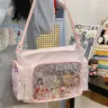 Japanese JK uniform canvas shoulder ITA bag clear window anime badges pink crossbody bag - Pink Bag