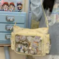 Japanese JK uniform canvas shoulder bag with transparent window for cute anime badges and pins. - Yellow Single Bag