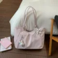 Pink polka dot tote bag, Japanese style casual shoulder bag with star charm and cute bunny pendant. - Pink With Pendant