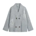 Grey double breasted knit cardigan featuring pearl bead embroidery and V neck detail. - S / Tops / Gray